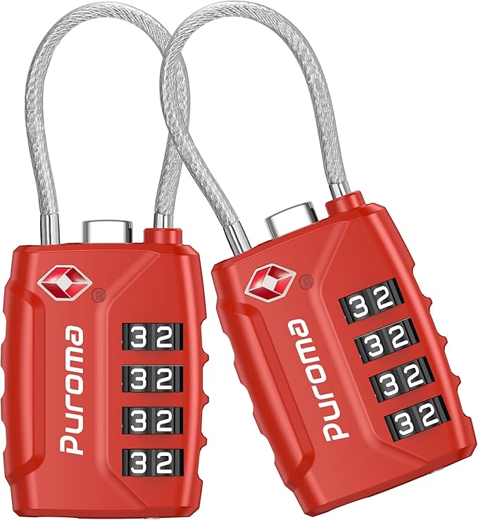 Puroma 2 Pack TSA Approved Luggage Lock, 4 Digit Combination Travel Cable Locks Resettable Code Lock with Zinc Alloy Body for Suitcase, Toolbox, Backpack, Bag, Gym Locker (Basic Red)