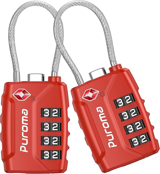 Puroma 2 Pack TSA Approved Luggage Lock, 4 Digit Combination Travel Cable Locks Resettable Code Lock with Zinc Alloy Body for Suitcase, Toolbox, Backpack, Bag, Gym Locker (Basic Red)