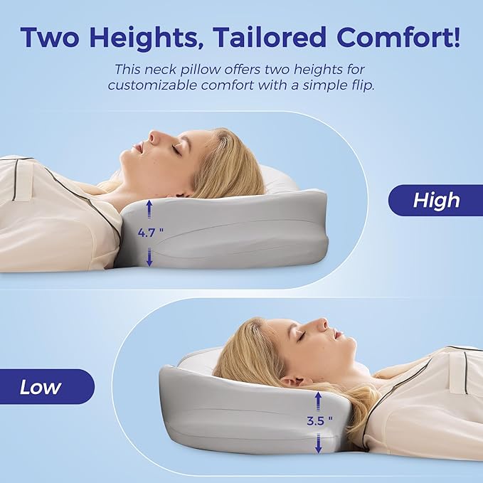 Cervical Neck Pillow for Sleeping, Ergonomic Side Sleeper Pillow, Memory Foam Pillows for Neck and Shoulder Pain Relief, Removable Washable Cooling Cover, Grey & White