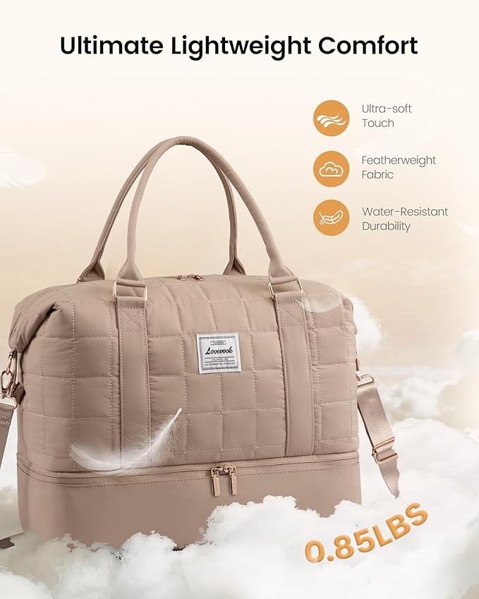 LOVEVOOK Travel Duffel Bag - Versatile Weekender Bag for Women, Puffer Carry On & Overnight Bag for Short Trips, White/Nude