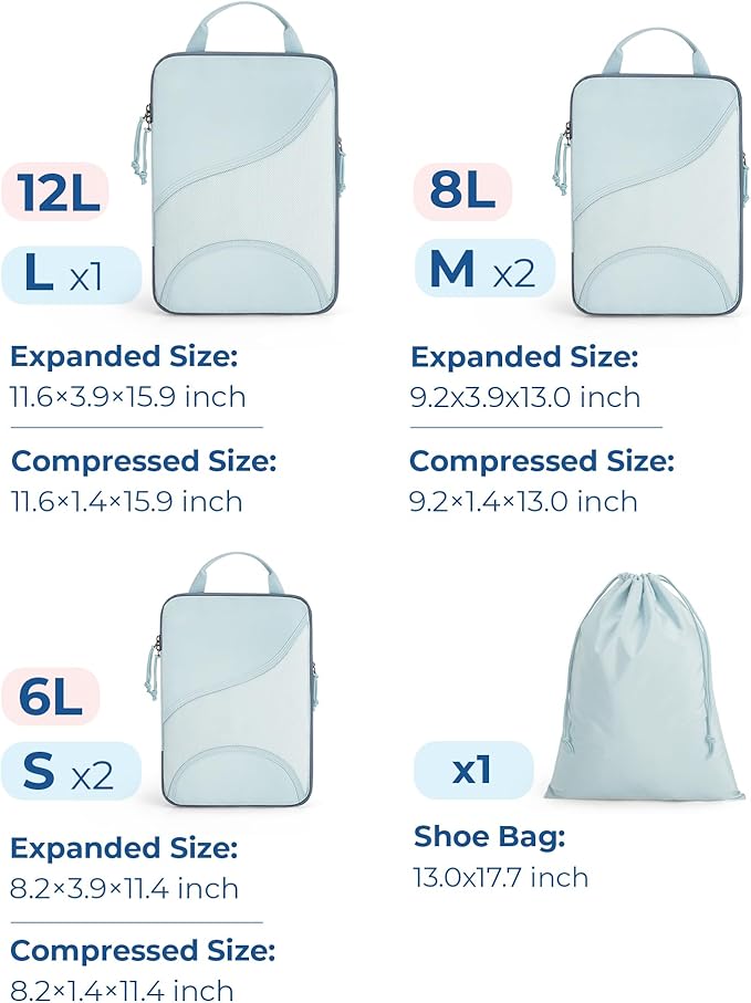 BAGSMART Compression Packing Cubes - 6 Set Travel Packing Cubes for Suitcases, Compression Suitcase Organizers with Shoe Bag