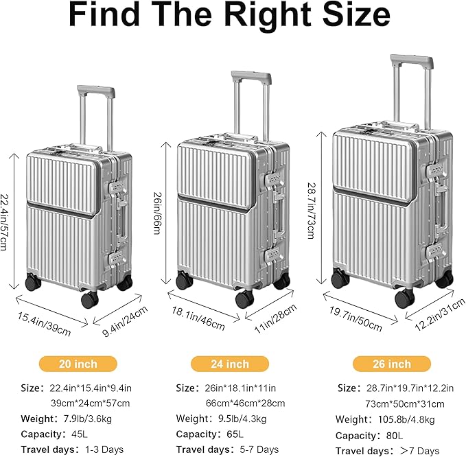 Zipperless Luggage, 22.4" x 15.4" x 9.4" Aviation Certified, Polycarbonate Aluminum Hardshell, Expandable Carry-On Luggage with Spinner Wheels, Hardshell Luggage, 20 Inch Cabin