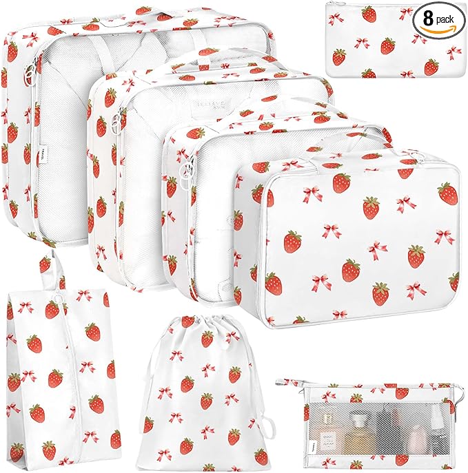 KPX 8 Set Packing Cubes for Travel, Luggage Packing Organizers Accessories Large Toiletries Bag for Clothes Shoes Cosmetics (Strawberry+Butterfly)