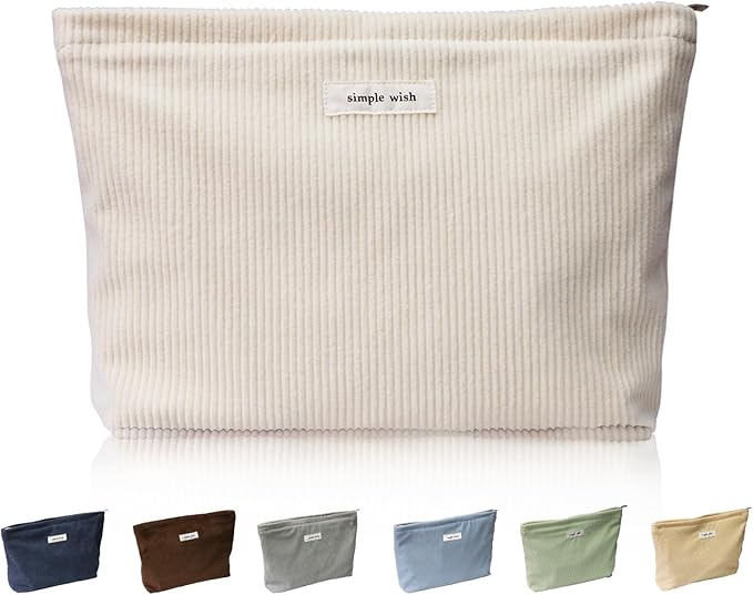 Wudygirl Travel Makeup Bag Large Capacity Cosmetic Bag for Women Corduroy Toiletry Pouch Handbags Zipper Purses Travel Essentials (Beige)