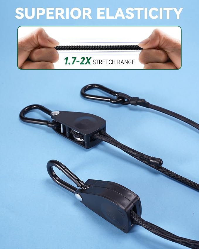 48" Heavy Duty Adjustable Carabiner Bungee Cord with Hooks, Easy to Adjust from 7" to 48", Black Ratchet Bungee Straps with Iron Carabiners & Superior Elasticity for Cargo, Luggage, Carts, etc (4 Pcs)