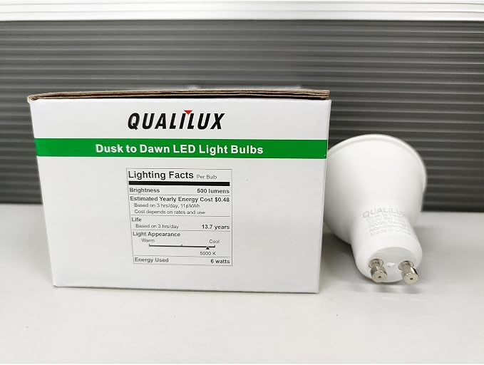 Qualilux Dusk to Dawn Light Bulbs, Auto On/Off Light Sensing LED Bulbs Outdoor,Daylight, MR16 GU10 4-Pack, 6W 500LM 50W Equivalent, HQ-H045