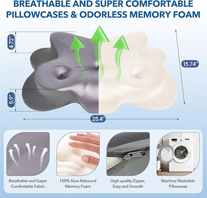 Cervical Pillow for Neck Pain Relief, Ergonomic Memory Foam Pillow with Ice Silk Pillowcase, Adjustable Contour Neck Support Pillow for Side Back Stomach Sleepers