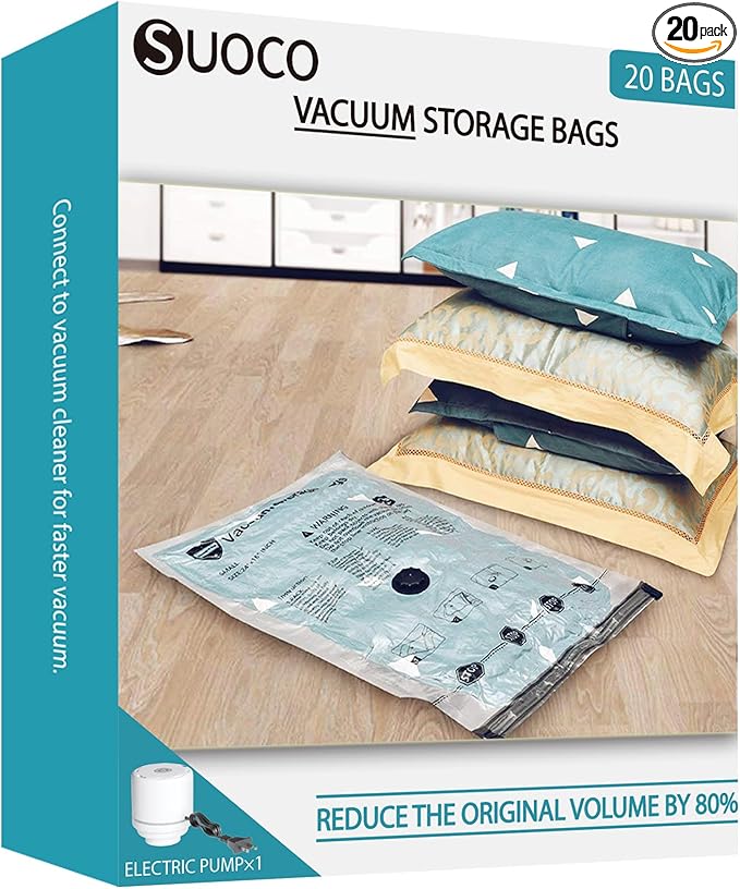 Vacuum Storage Bags with Electric Pump, Compression Packing Bags for Travel Luggage, Space Saver for Clothing Clothes Bedding Blankets Pillows, 20 Combo