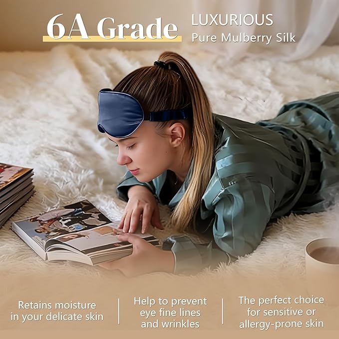 ZIMASILK Adjustable 22 Momme 100% Pure Mulberry Silk Sleep Mask, 3D Contoured Cup Eye Mask for Sleeping, Super Soft Breathable Blindfold, Perfect Blocks Light for Sleeping. (Navy Blue)