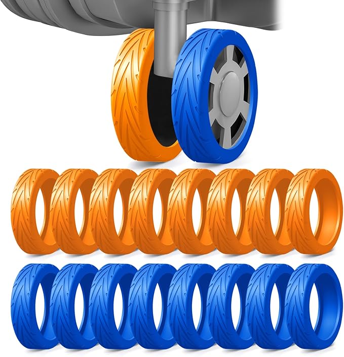 16 Pack Upgrade Luggage Wheel Covers, Silicone Protective Covers for 2-2.4" Spinner Wheel, Wear-Resistant, Anti-Noise, Travel Accessories for Carry-On Suitcases (Blue&Orange)
