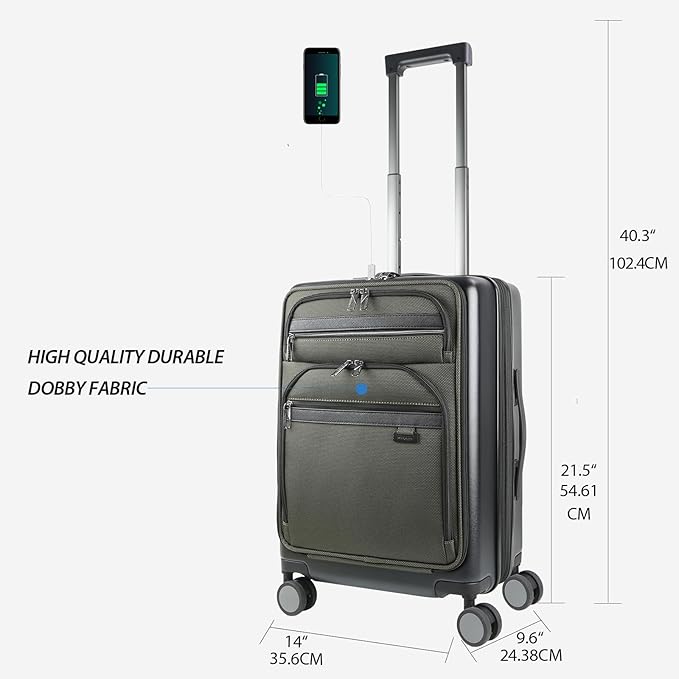 KROSER Hardside Expandable Carry On Luggage 22x14x9 Airline Approved With Front Business Pockets, 20 Inch Suitcases with Wheels, Carry on Suitcase with TSA Lock & USB Port, Black-Army Green