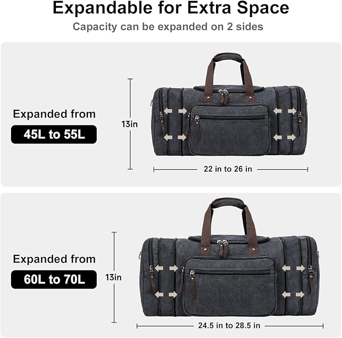 Canvas Expandable Duffle Bag for Men Traveling, Luggage Travel Bag Weekender Overnight Bag,Mens Gym Carry on Duffel Bags