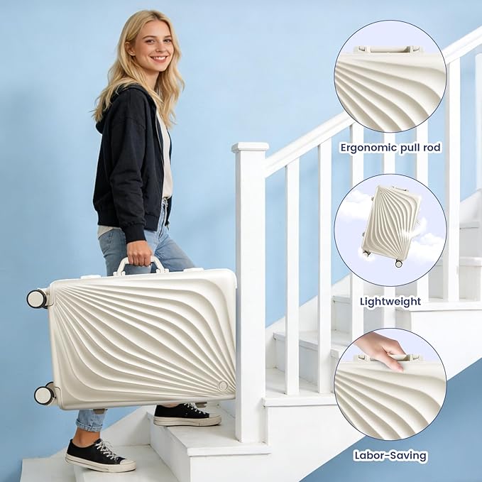 20 Inch Carry On Luggage, Zipperless Luggage with Spinner Wheels, Airline Approved Suitcase with Cup Holder, TSA Lock and USB Charger for Travel, Ivory White