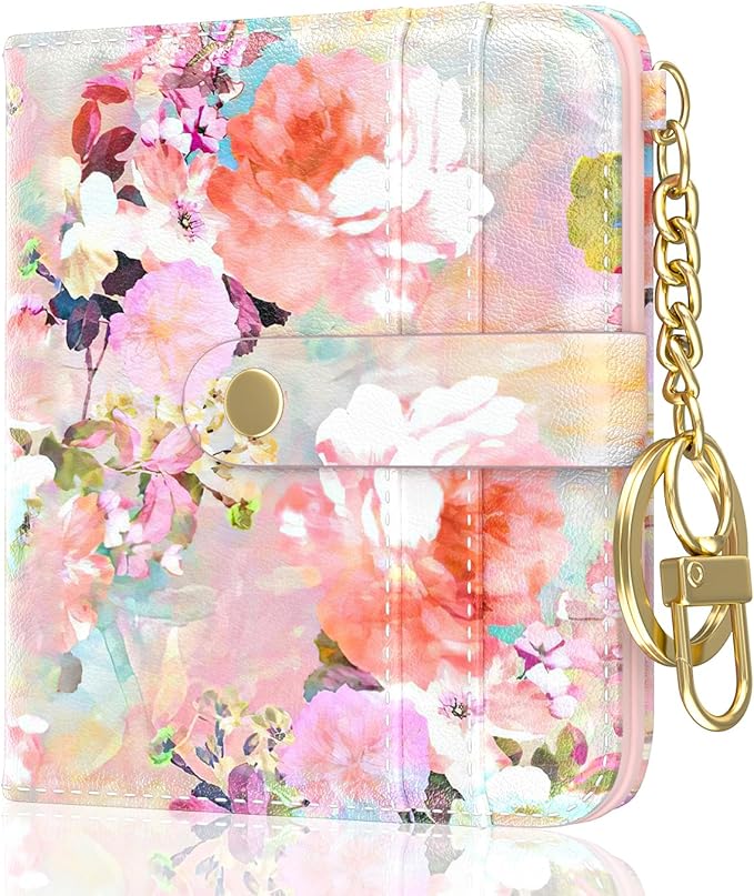 Aiawoxc Womens Wallet, RFID Small Wallets for Women, Slim Compact Credit Card Holder, Cute Leather Bifold Ladies Purse with Zipper Coin Pocket and ID Window, Watercolor Flowers