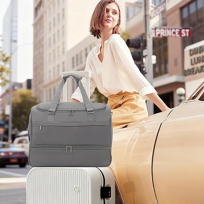 Carry On Travel Duffel Bag for Women & Men,Overnight Weekender Bag with Shoe Compartment,Trolley Sleeve and Adjustable Shoulder Strap,Business & Weekend Travel,Gym,Sports,Yoga & Dance(Medium Gray)
