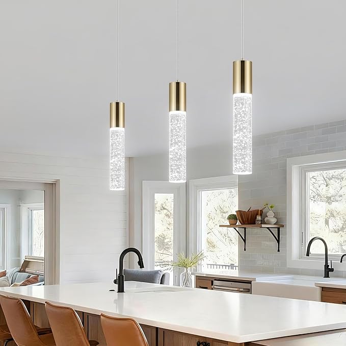 Modern Pendant Light,3 Color LED Bubble Crystal Island Light Fixtures,Gold Mini 3CCT Pendant Lighting for Kitchen Island,Bar,6W,3000-6000K,ETL
