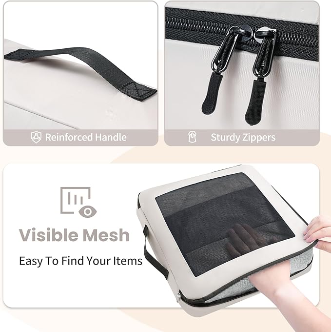 Mesh Packing Cubes for Travel, Durable Luggage Organizer with Sturdy Material and Double Zippers, Comprehensive Set for Travel Accessories Storage, 10 set, cream