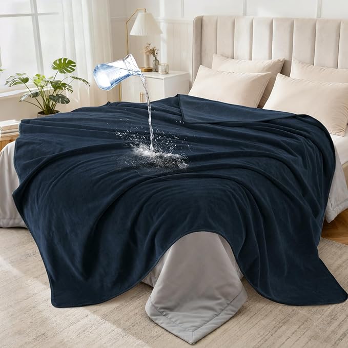 LOOBANI Waterproof Blanket for Bed Couch: Soft Coral Fleece Twin Bed Blankets Waterproof 60" x 80", Reversible Leakproof Throw Blanket, Stain-Resistant Furniture Protector, Pet-Friendly, Blue