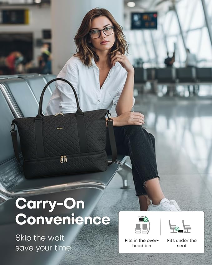 HOTOR Travel Duffel Bag - Weekender Bags for Women, Gym Tote Bags with Shoe Compartment, Carry On Overnight Bag with Toiletry Bag for Travel Essentials and Travel Accessories, Black, 15.8"×18.1"×8.7"
