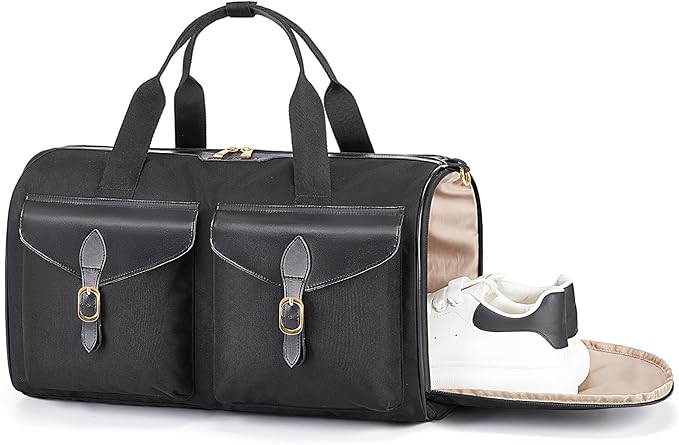 BAGSMART Duffel Bag for Women, Vintage Weekender Bag, Overnight Gym Carry on Personal Item for Travel, Black, Water-Resistant, 18.9x9.6x11.8 Inches
