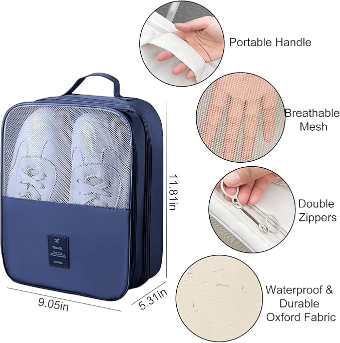 Shoe Bags for Travel Holds 3 Pair of Shoes, Travel Shoe Bag with 3 Layers Compartments, Waterproof & Washable, Navy