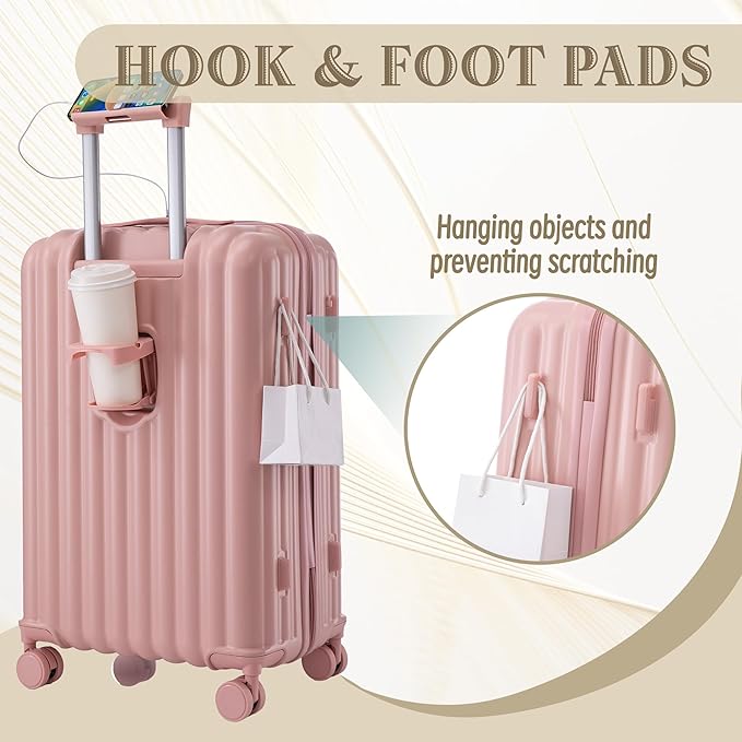 Luggage Set,3 Piece Suitcase with Spinner Wheels, Suitcase with Lock Cup Holder Phone Holder,Carry On Luggage Easy Travel for Men and Women,Pink