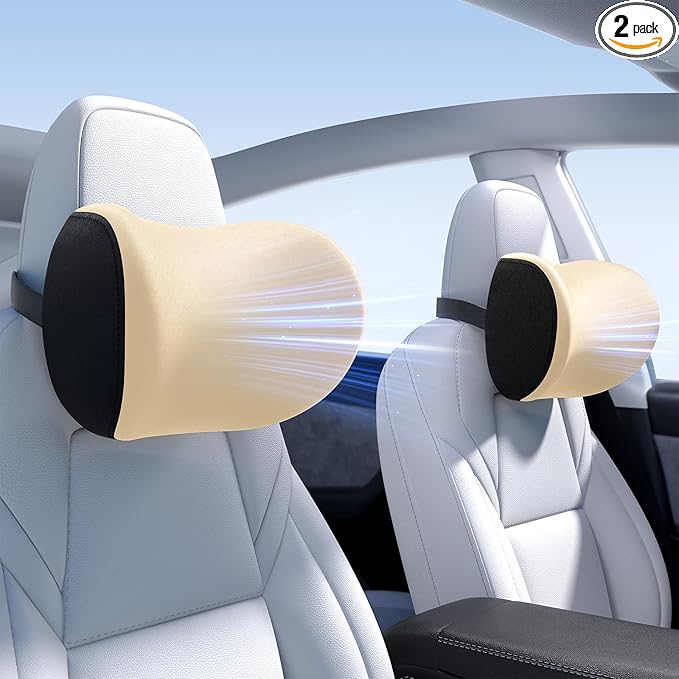 Wigoo 2026 Car Neck Pillow [No More Pressure, Odorless] Soft Car Headrest Pillow with Adjustable Strap Removable Cover 100% Memory Foam, Fits All Vehicles (Beige 2-Pack)