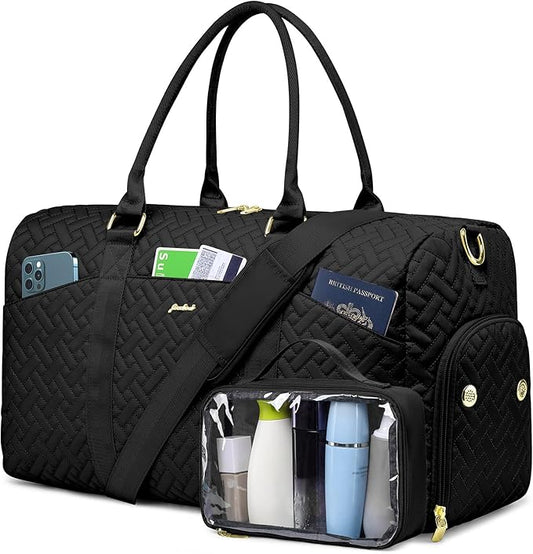 Women Weekender Travel Duffle Bag: Travel Duffel Overnight Bags with Shoe Compartment Large Carry on Tote with Toiletry Bag Weekend Traveling Yoga Gym Hospital Bag for Women with Wet Pocket Black