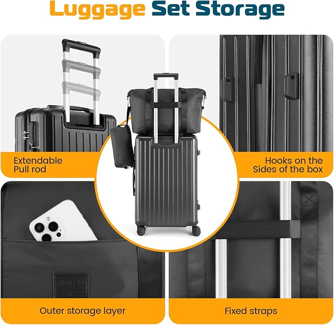 Hoteel Luggage Sets 3 Piece, 4-Yr Warranty, PC+ABS Suitcases with Wheels and Side Hook, Hardshell 20 inch Luggage with Duffel Bag Travel Bag, Black(20/DB/TB)