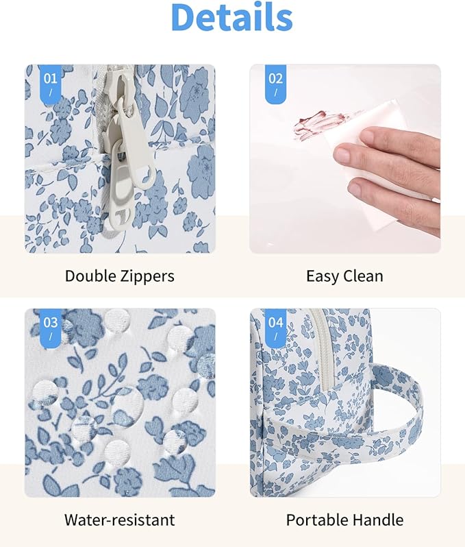 Narwey Clear Toiletry Bags for Traveling Women Men, Clear Travel Bags for Toiletries Makeup Bag Cosmetic Bag with Zipper, Make Up Organizer, Skincare Bag (Blue Flower)