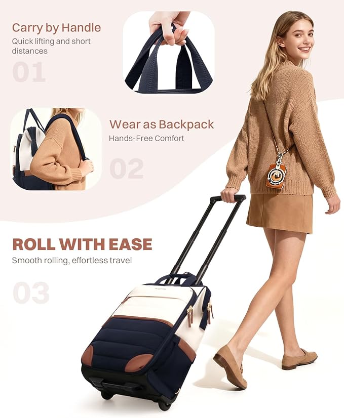 Rolling Puffer Backpack for Women, Travel Backpack with Wheels, 16 Inch Wheeled Laptop Backpck, Dual-Opening Design Overnight College Underseat Carry on Luggage, Roller Business Work Bag, Navy Blue