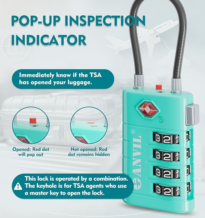 ANVIL 4 Digit Luggage Locks, TSA Locks for Luggage, Advanced TSA008 core, Alert Indicator for Your Travel Lock, Suitcase Lock.(2, Cyan)