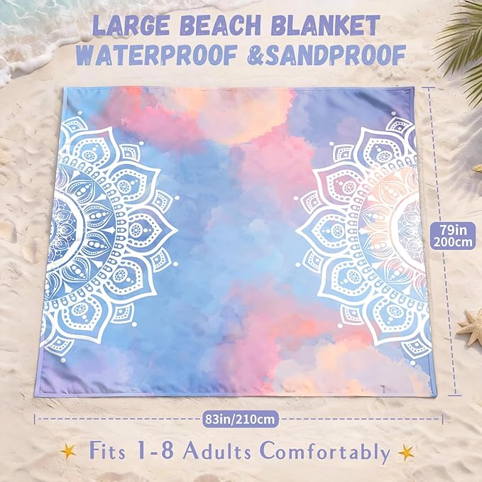 AlphaBeing Beach Blanket Waterproof Sandproof, Extra Large Beach Mat for 1–8 Adults, Oversized Picnic Blanket with 4 Stakes & Storage Bag, Essential Beach Gear for Travel