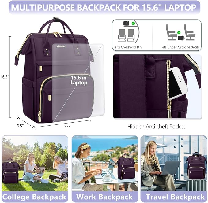 Focdod Women Laptop Backpack Work Bag - Fits 15.6 inch with Laptop Compartment Waterproof Professional Fashion Travel Purse for College Nurse Business Computer Backpack Dark Purple