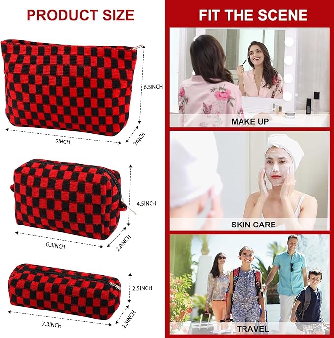 EIMMBD Makeup Bag 3 Pieces Large Capacity Checkered Cosmetic Bags Travel Toiletry Bag Organizer Cute Makeup Pouch Storage for Women(Red & Black)
