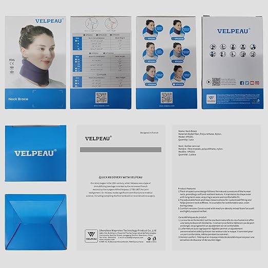 Velpeau Neck Brace for Neck Pain and Support - Soft Cervical Collar for Sleeping, Snoozing, Sleeping Upright, Anti-Snoring, Sleep Apnea for Women & Men (Blue, Enhanced Version, XL: 16.5-18.7"/4")