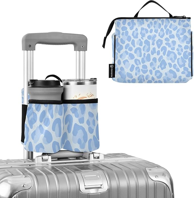 Luggage Cup Holder for Suitcases Free Hands Travel Cup Holder Portable Suitcase Cup Drink Holder Luggage Cup Caddy Bag Carrier Sky Blue Leopard Print