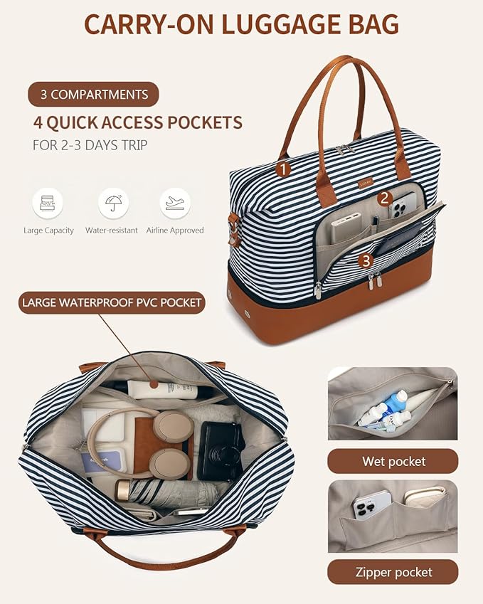 Duffle Bag for Women Travel, Weekender Bag Overnight Bag with Shoe Compartment, Carry on Bag with Crossbody Purse for Over Night, Weekend, Yoga, Gym, Business Trips, Hospital, Blue Strip
