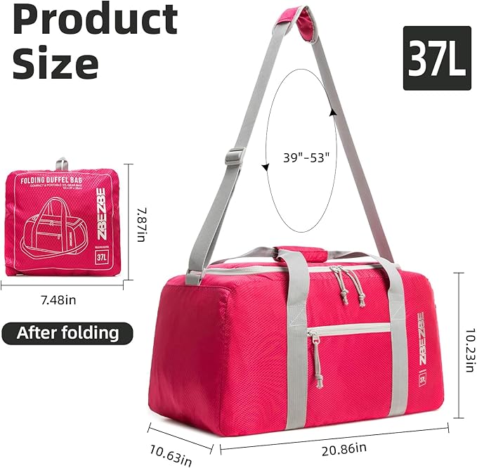 Foldable Travel Duffel Bag, Lightweight & Easy to Carry Water-Repellent Duffle Bag - 2-Way Zipper & Interior Pouch, Ideal for Weekend Trips, Daily Use,Camping，Sports