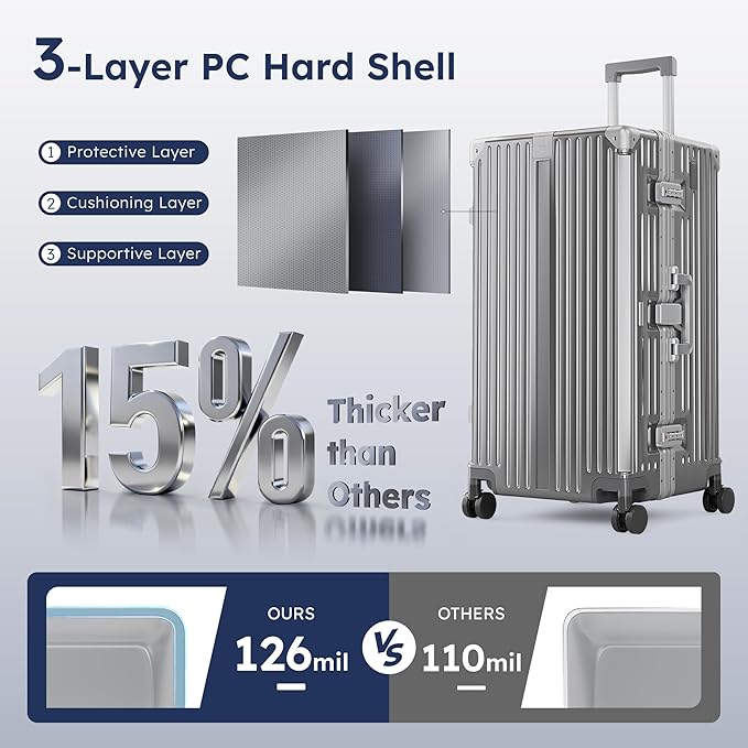 ALPHA CAMP Trunk Luggage, Large 28 Inch Thickened Aluminum Frame Luggage with TSA Spinner Wheels, 3-Layer PC Hardside Zipperless Travel Suitcase, Type-C USB Charging Port, Cup Holder, Grey