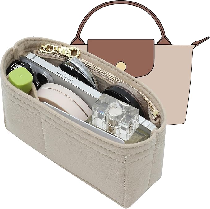 Small Purse Organizer Insert Compatible with Longchamp Mini LePliage Xtra/Original/Green XS Pouch, Felt Handbag Organizer Divider Shaper Inner with Zipper, Beige/XS
