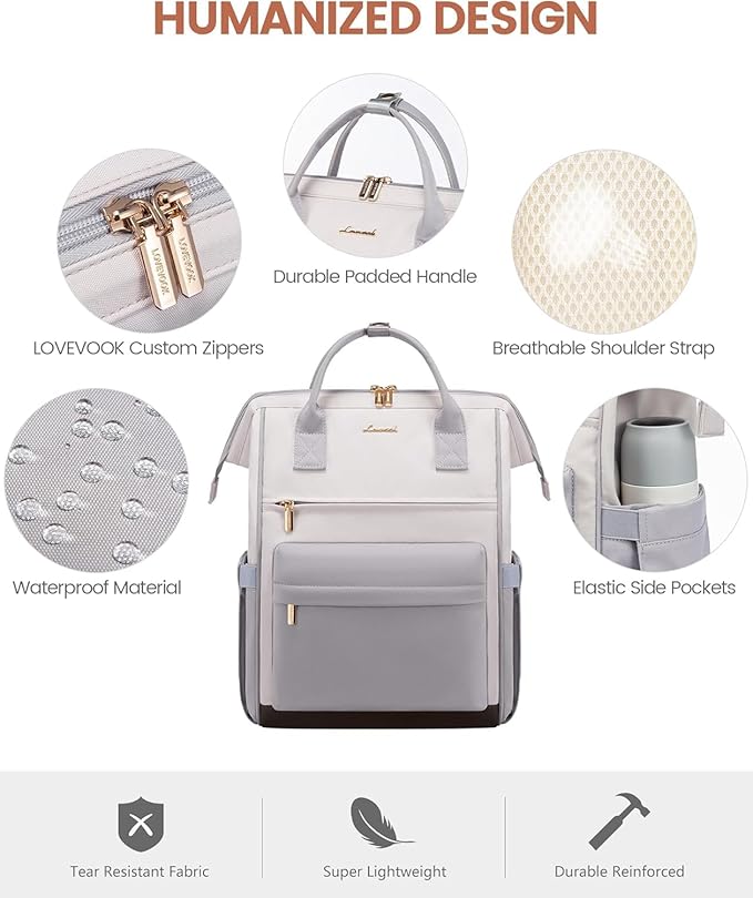LOVEOVOOK 17.3 Inch Laptop Backpack for Women, Large Capacity Travel Backpack with USB Charging Port, Waterproof Work Backpack for Business, College, Nursing & Airline Travel,Light Gray