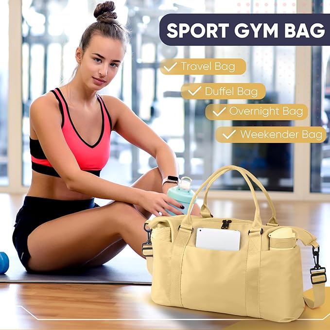 Travel Duffle Bag, Weekender Travel Bag Men Small Gym Bag for Women, Hospital Bag for Labor and Delivery, Overnight Bag Luggage Bag with Trolley Sleeve, Airplane Travel Essentials for Flying(Yellow)