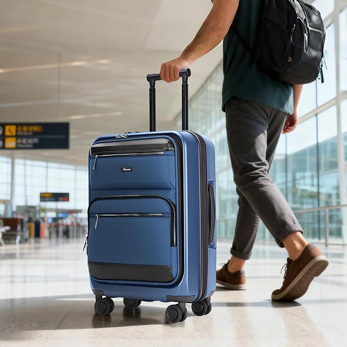 Luggage Sets 2 Piece, Carry On Luggage with Front Pocket & USB Port and 28 Inch Expandable Checked Luggage, Hybrid Soft Front & Hard Shell Suitcases with Spinner Wheels & TSA Lock, Navy Blue