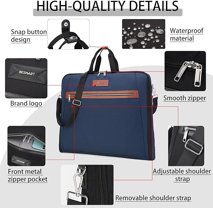 BE SMART Waterproof Foldable Garment Bags for Travel, 51" Large Travel Hanging Bags for Clothes, Carry on Suit Bag with Strap for Men Women, Wrinkle Free Luggage Suit Cover for Business Trips(Blue)
