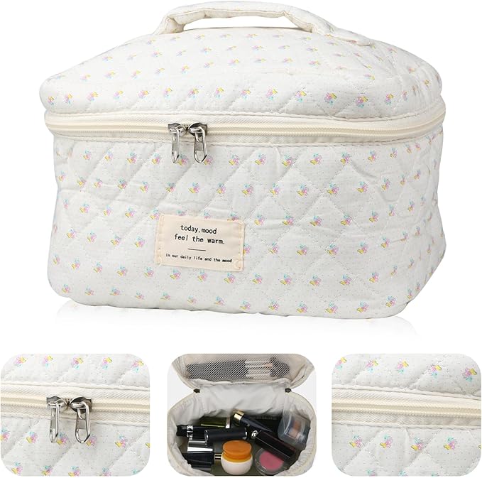 Cute Makeup Bag for Women(2 Pcs), Travel Cosmetic Bags, Quilted Coquette Aesthetic Floral Toiletry Organizer Bag (Little Flower)