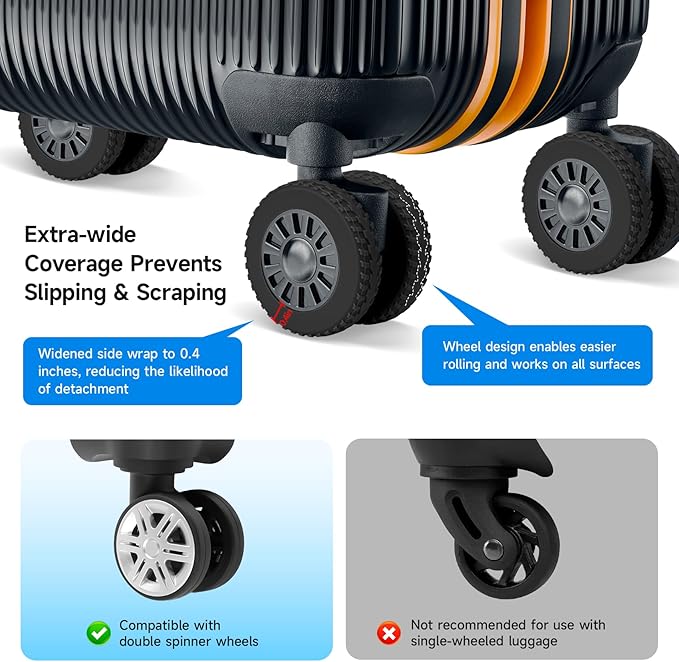 2026 Upgraded 8 Pcs Luggage Wheel Covers, Silicone Protective Covers for 2-2.4" Suitcases Spinner Wheel, Wear-Resistant, Anti-Noise, Thickened Protector, Travel Accessories (Black)