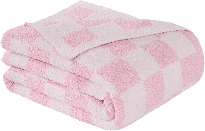 Checkered Throw Blanket, Pink Soft Cozy Fluffy Knitted Throw Blankets for Couch, Sofa, Bed, Chair, Warm Fuzzy Travel Picnic Lightweight Plaid Blanket, 50x70 inches
