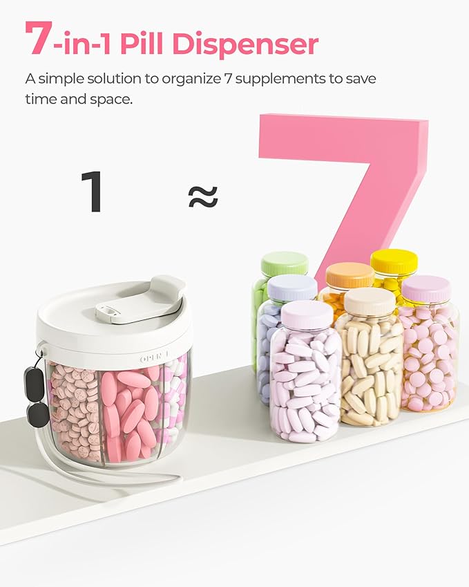 Cute Pill Dispenser with 7 Large Compartments, Portable Pill Bottle Organizer with Wide Opening for Easy Use, Anti-Mix Pill Organizer for Travel, BPA-Free Pill Container, White