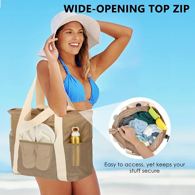Fammart Mesh Beach Bag, Large Beach Tote with Zipper Pocket, Toys Pool Bag for Family Travel Vacation Cruise Essentials